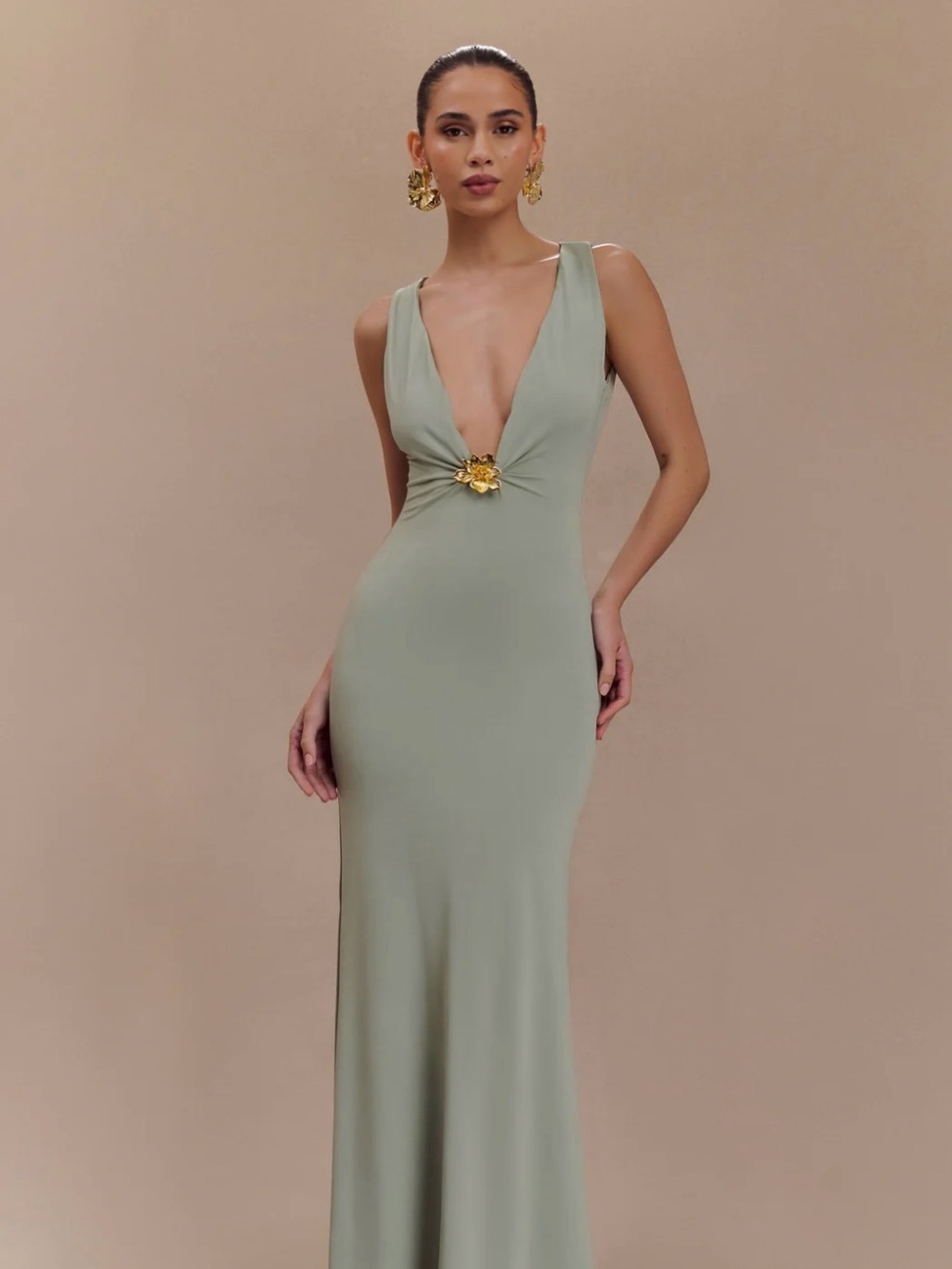 Meshki Basil Green Plunge Maxi with Gold Floral Accent